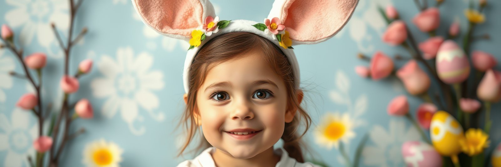 Cute child wearing bunny ears surrounded by floral decorations during a joyful spring celebration